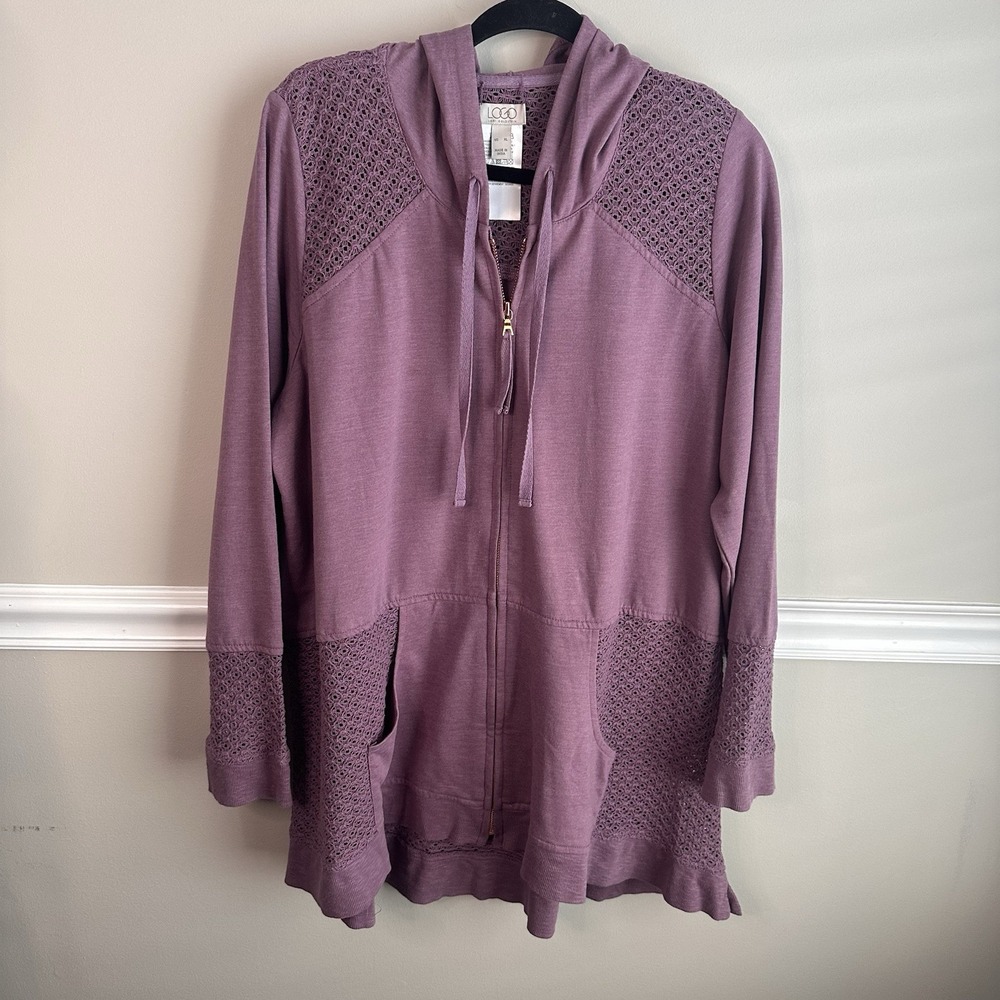 LOGO by Lori Goldstein Full Zip Hoodie XL Purple Crochet Panels Casual Boho